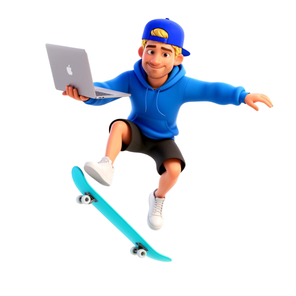 Ollii mascotte: skater met blauwe hoodie maakt een ollie op een skateboard